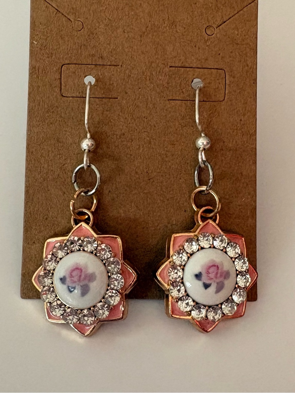 Vintage Style Floral Crystal Drop Earrings - Pink Rose Accent
